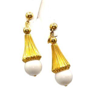 White Lucite Drop Earrings with Elongated Fluted Cap, Vintage Go Go Gold Tone